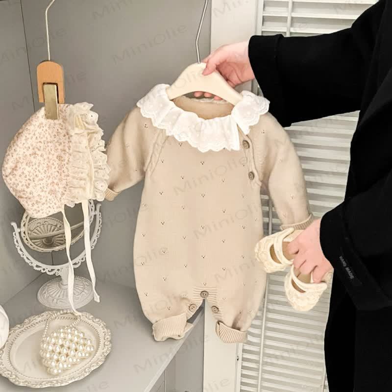 Baby Vintage Lace Collar Pointelle Knit Romper - image 4
