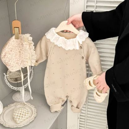 Baby Vintage Lace Collar Pointelle Knit Romper - image 4
