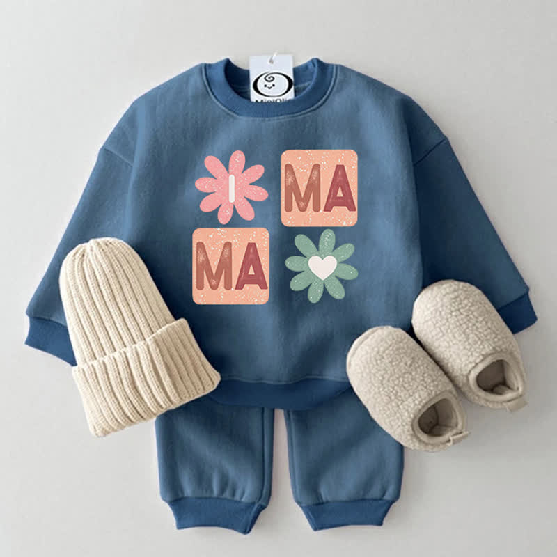 MAMA Baby Flower Print Blue Sweatshirt 2-piece Set - Blue - 2-3T - image 1