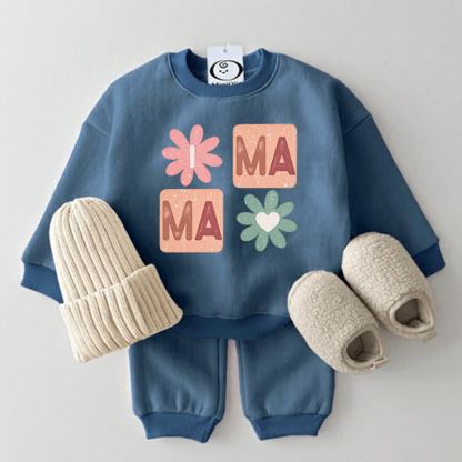 MAMA Baby Flower Print Blue Sweatshirt 2-piece Set - Blue - 2-3T - image 1