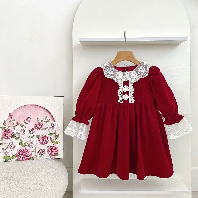 Toddler Girl Velvet Lace Collar Long Sleeve Dress - Red - 6-7T - image 5