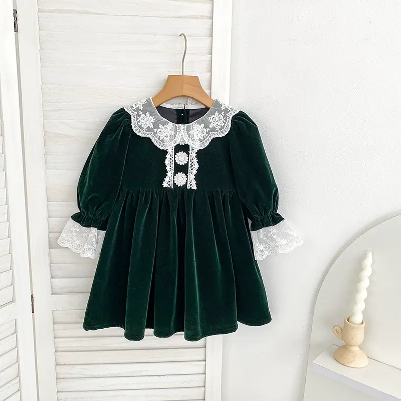 Toddler Girl Velvet Lace Collar Long Sleeve Dress - Green - 6-7T - image 3
