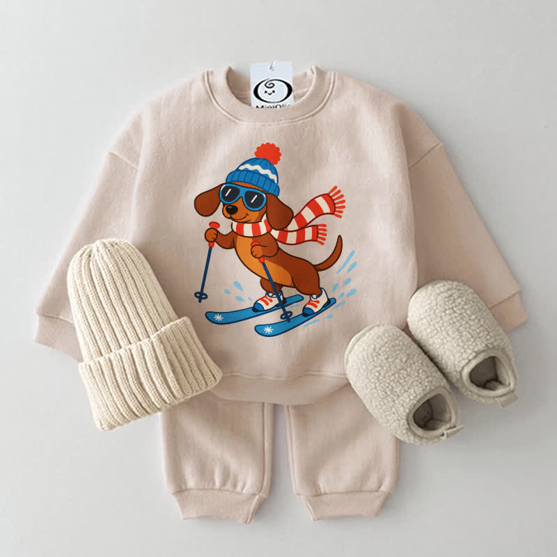 Baby Skiing Dachshund Sweatshirt 2-piece Set - Beige - 2-3T - image 2