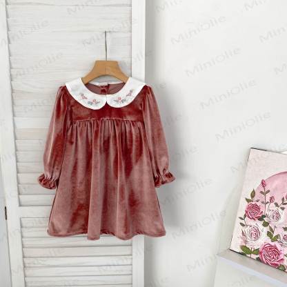 Toddler Girl Velvet Flower Collar Dress - Brown - 6-7T - image 9