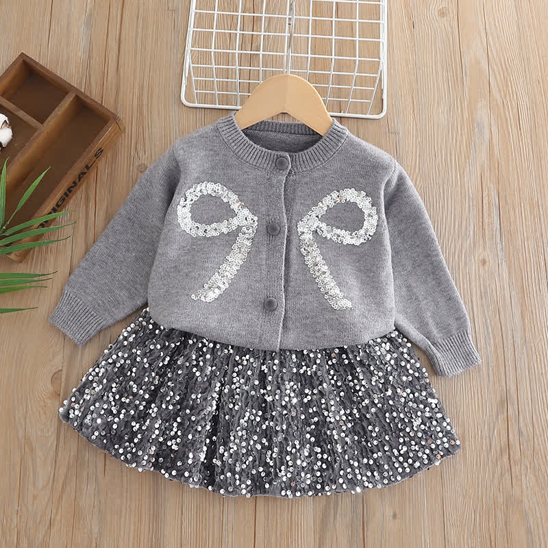 Toddler Girl Bow Sequin Cardigan and Skirt 2-piece Set - Gray - 6-7T - image 1