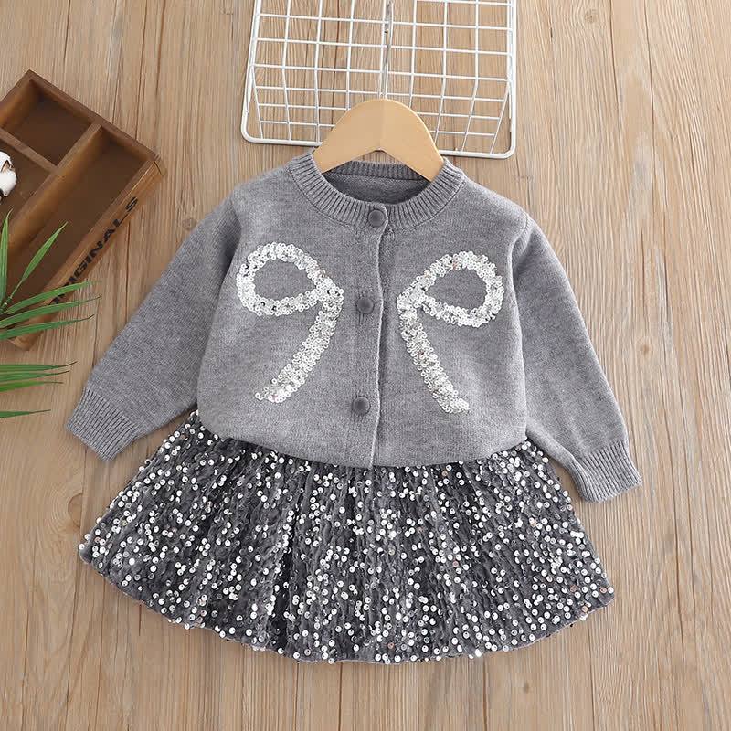 Toddler Girl Bow Sequin Cardigan and Skirt 2-piece Set - Gray - 6-7T - image 1