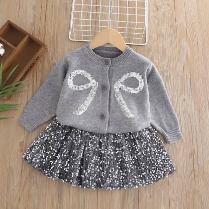Toddler Girl Bow Sequin Cardigan and Skirt 2-piece Set - Gray - 6-7T - image 1
