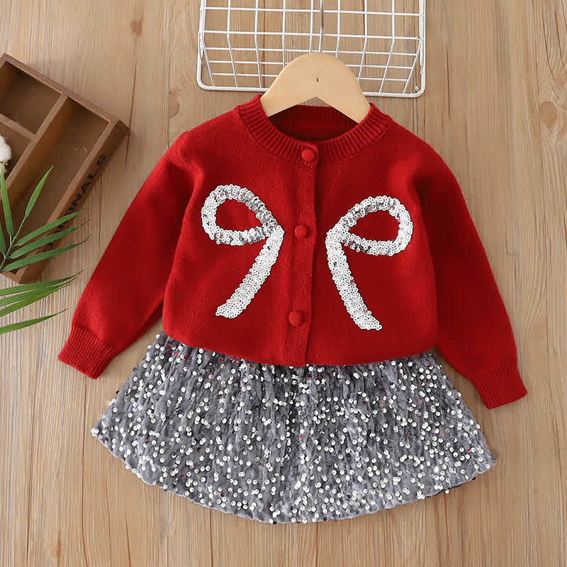 Toddler Girl Bow Sequin Cardigan and Skirt 2-piece Set - Red - 6-7T - image 2