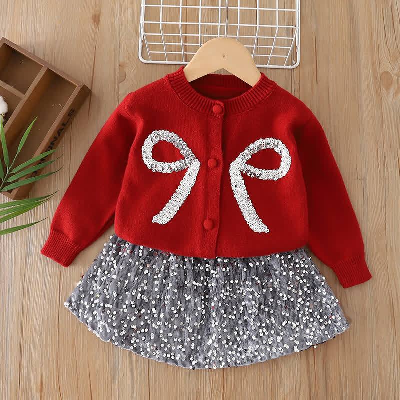 Toddler Girl Bow Sequin Cardigan and Skirt 2-piece Set - Red - 6-7T - image 2