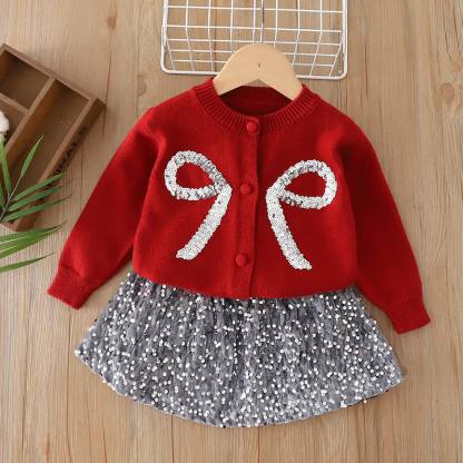 Toddler Girl Bow Sequin Cardigan and Skirt 2-piece Set - Red - 6-7T - image 2