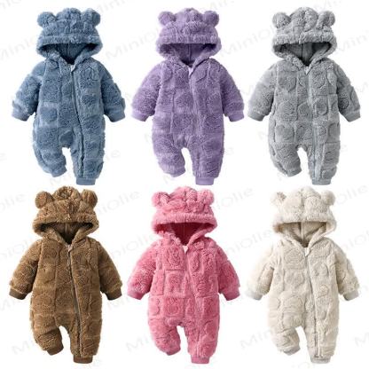 Baby Love Bear Ear Hooded Fleece Romper - image 1