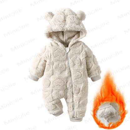 Baby Love Bear Ear Hooded Fleece Romper - Beige - 12-18M - image 8