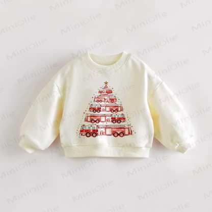  Baby Toddler Christmas Tree Fire Fighting Truck Cream Sweatshirt - Cream - 3-5T - image 1