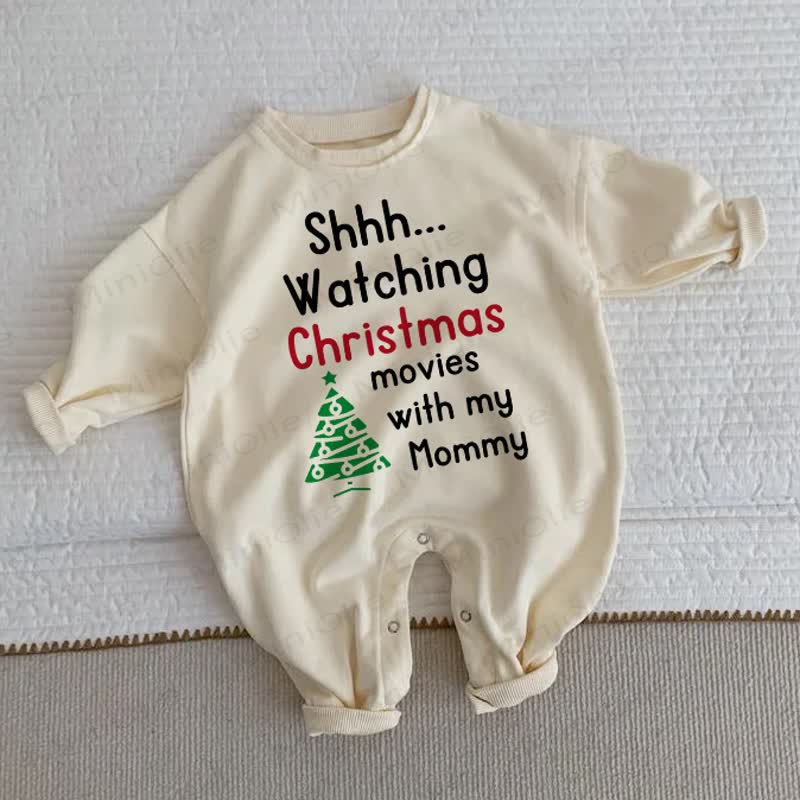 SHHH... WATCHING CHRISTMAS MOVIES WITH MY MOMMY Baby Toddler Christmas Tree Beige Romper - Beige - 2-3T - image 1