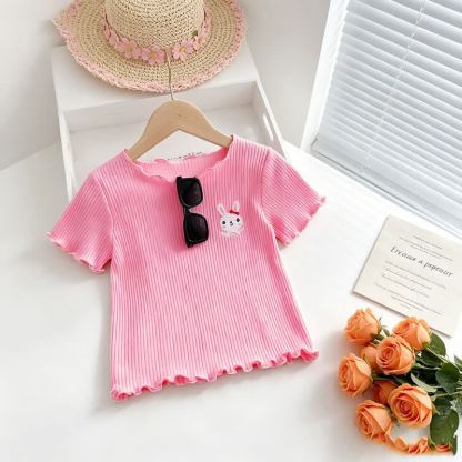 Toddler Baby Girl Ribbed Animal Embroidered Ruffle Trim T-Shirt - Pink - 4-5T - image 3