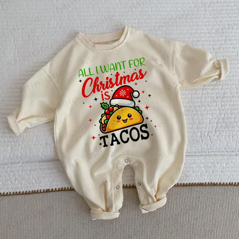 ALL I WANT FOR CHRISTMAS IS TACOS Baby Toddler Tacos Beige Romper - Beige - 2-3T - image 1