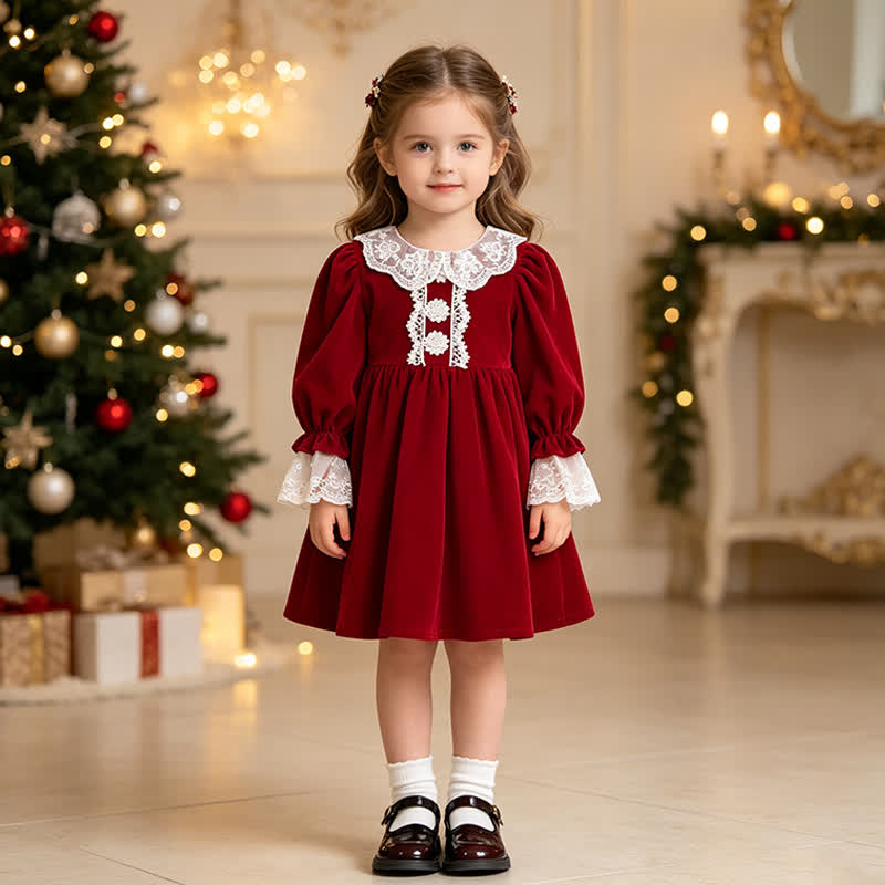 Toddler Girl Velvet Lace Collar Long Sleeve Dress - image 1