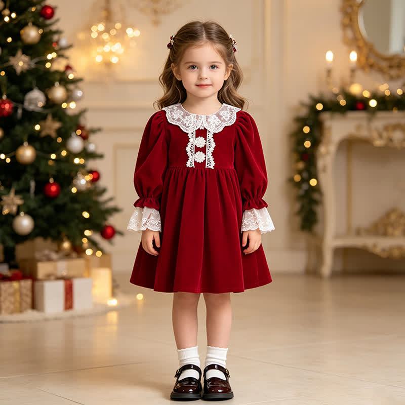 Toddler Girl Velvet Lace Collar Long Sleeve Dress - image 1