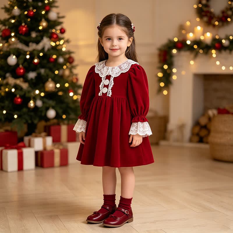 Toddler Girl Velvet Lace Collar Long Sleeve Dress - image 2