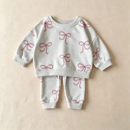 Toddler Girl Bow Print Sweatshirt and Jogger 2-piece Set - Gray - 8-10T - image 4
