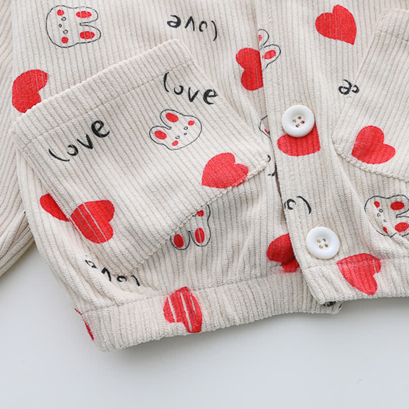 Toddler Girl Bunny Heart Print Corduroy Cardigan and Denim Pants 3-piece Set - image 7