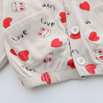 Toddler Girl Bunny Heart Print Corduroy Cardigan and Denim Pants 3-piece Set - image 7