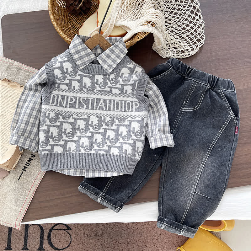 Toddler Boy Plaid Shirt and Knit Vest 3-piece Set - Gray - 4-5T - image 3