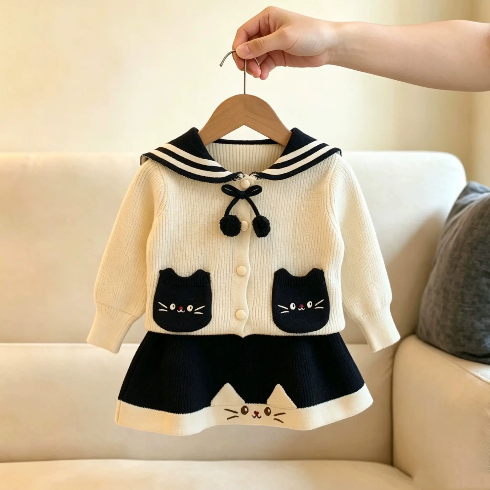Toddler Girl Cat Pocket Sailor Collar Knit Dress - White - 6-7T - image 3