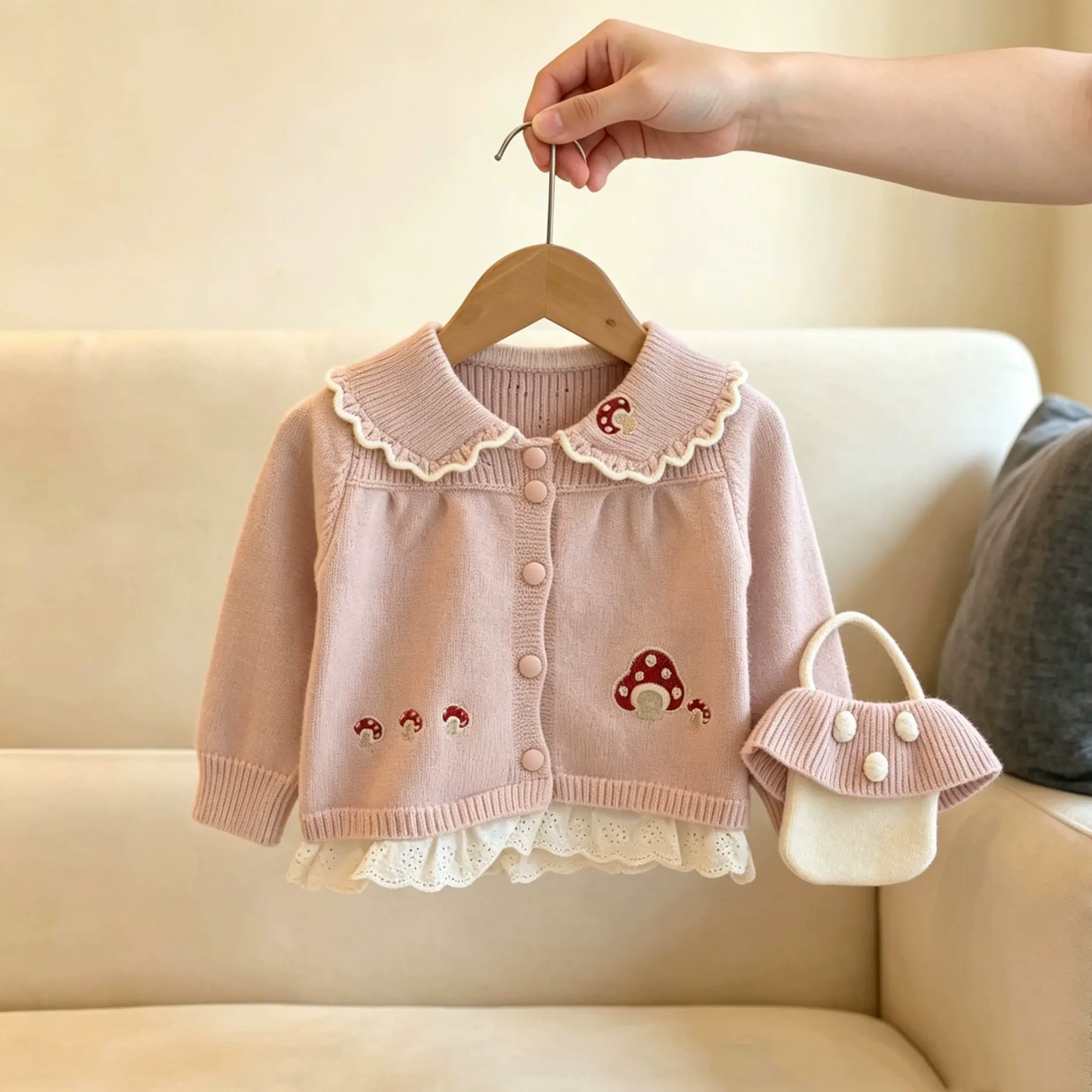 Toddler Girl Mushroom Lace Trim Knit Cardigan with Bag - Pink - 6-7T - image 1