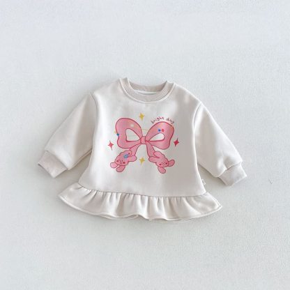 Baby Toddler Cartoon Ruffle Hem Long Sleeve Dress - Beige - 6-7T - image 2