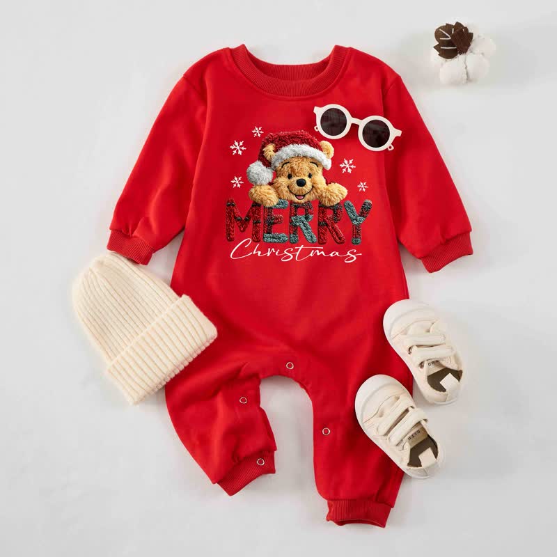 MERRY CHRISTMAS Baby Bear Print Red Romper - Red - 2-3T - image 1