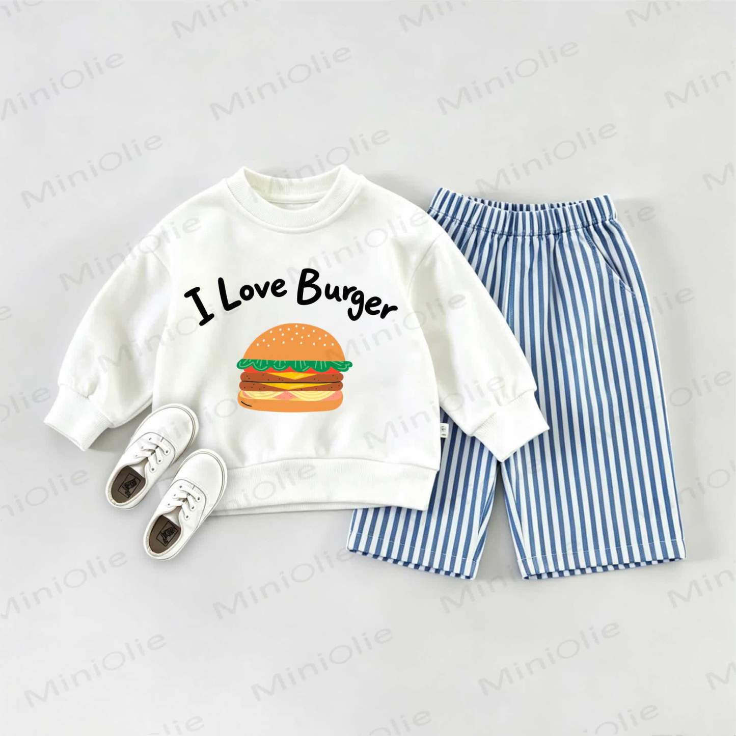 I LOVE BURGER Baby Burger Sweatshirt and Striped Pants Set - White&Blue - 2-3T - image 1