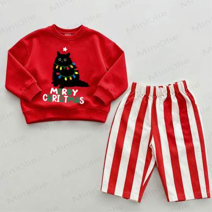 MERRY CHRISTMAS Baby Christmas Tree Cat Sweatshirt and Striped Pants 2-piece Set - White&Red - 2-3T - image 1