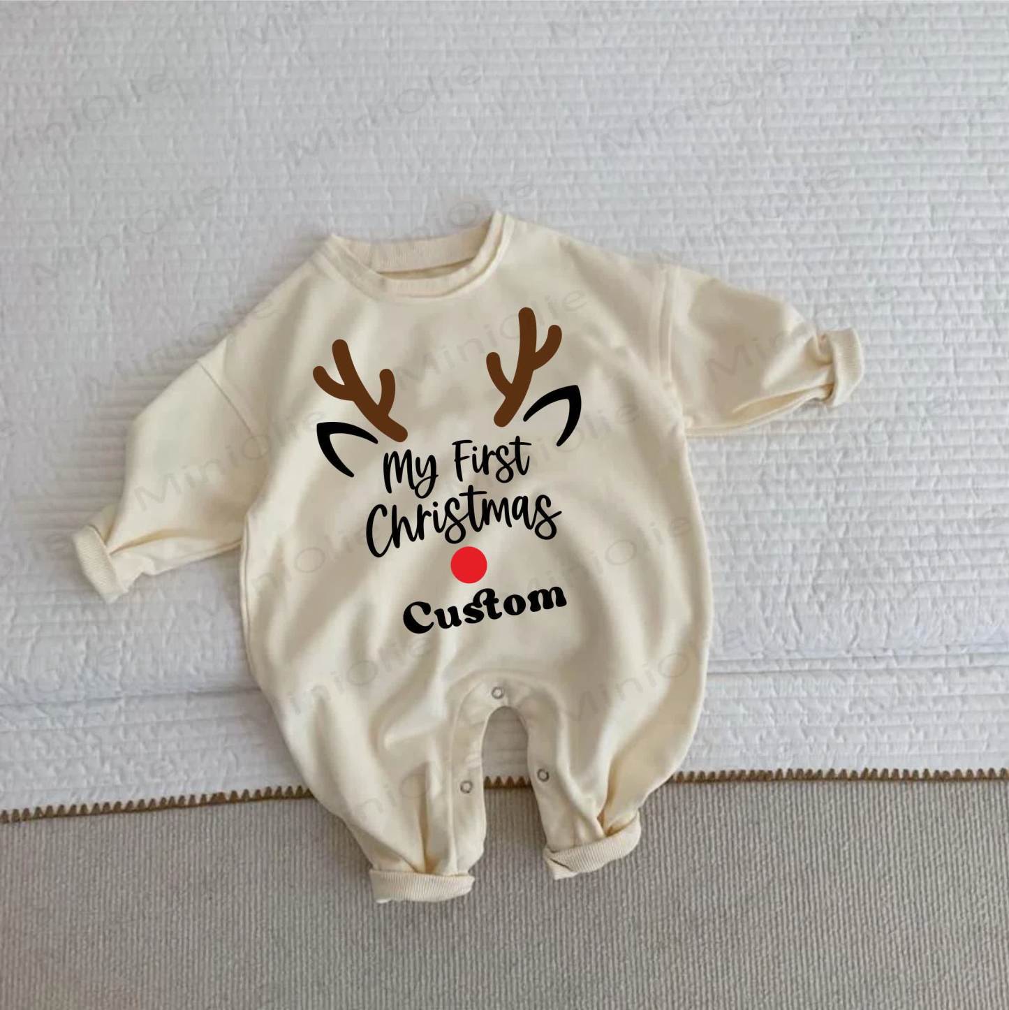 Name Customization MY FIRST CHRISTMAS Reindeer Baby Beige Romper - Beige - 2-3T - image 1