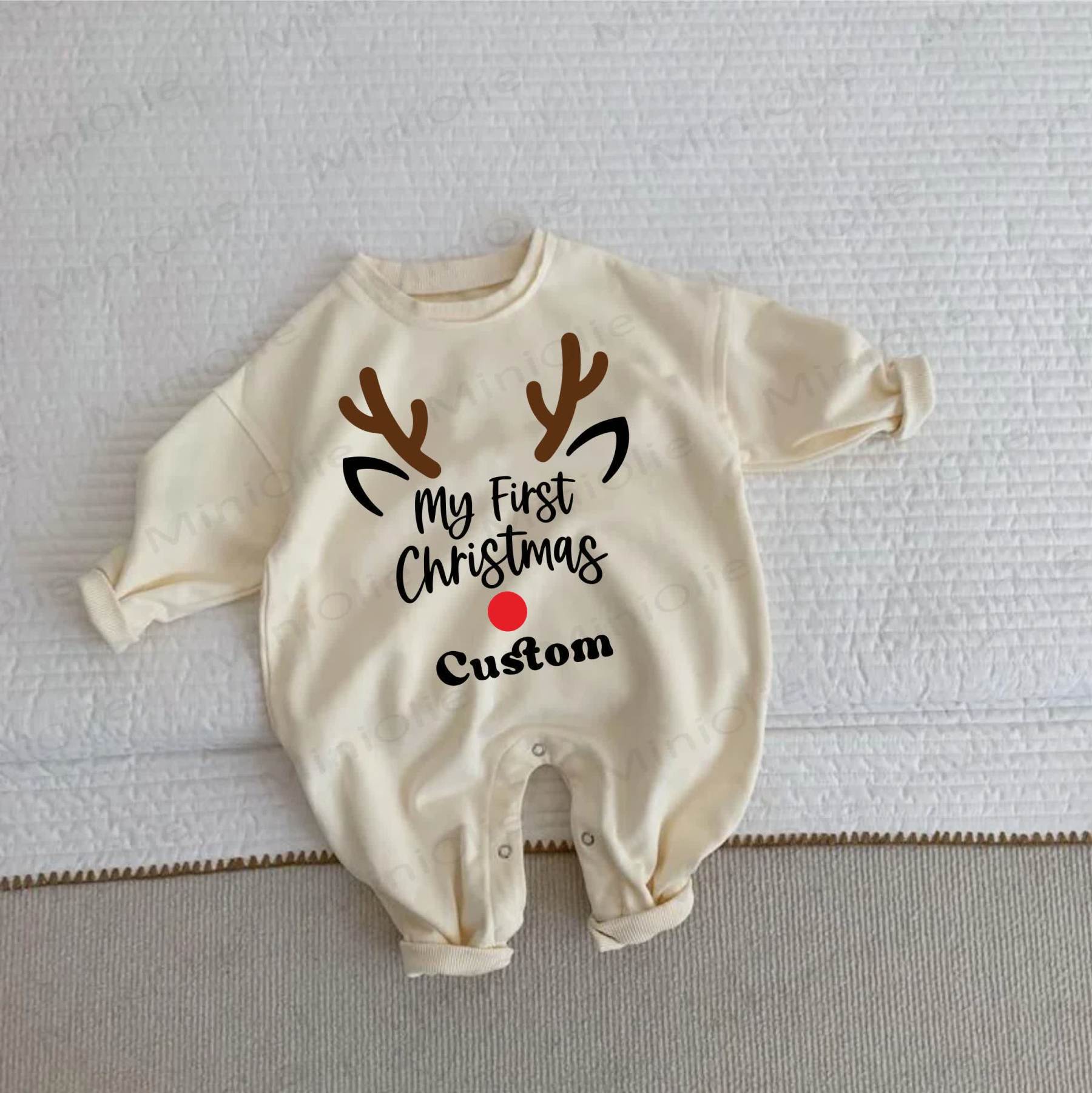 Name Customization MY FIRST CHRISTMAS Reindeer Baby Beige Romper - Beige - 2-3T - image 1