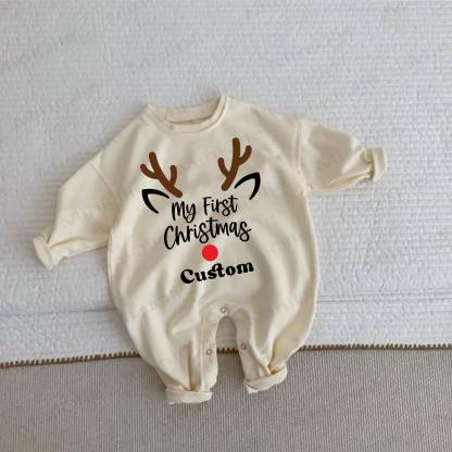 Name Customization MY FIRST CHRISTMAS Reindeer Baby Beige Romper - Beige - 2-3T - image 1
