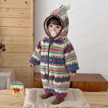 Baby Fair Isle Fleece Lined Hooded Winter Romper - image 3
