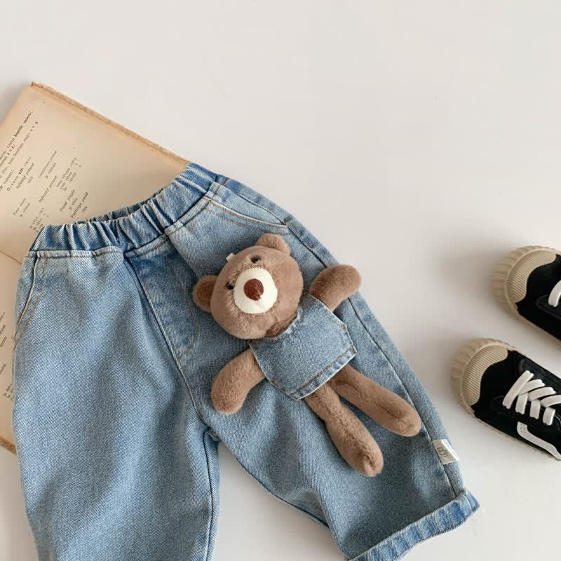 Baby Toddler Colorblock Knit Cardigan or Denim Bear Pants - Blue Pants - 3-4T - image 3