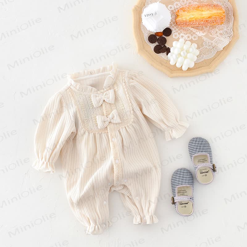 Baby Girl Bow Beige Romper - image 3
