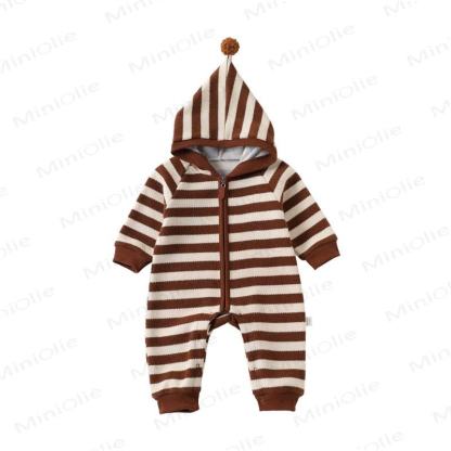 Baby Striped Hooded Warm Romper - Brown - 18-24M - image 3