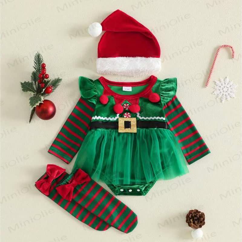 Baby Christmas Striped Tulle Skirt Bodysuit Socks and Hat - Green - 12-18M - image 1