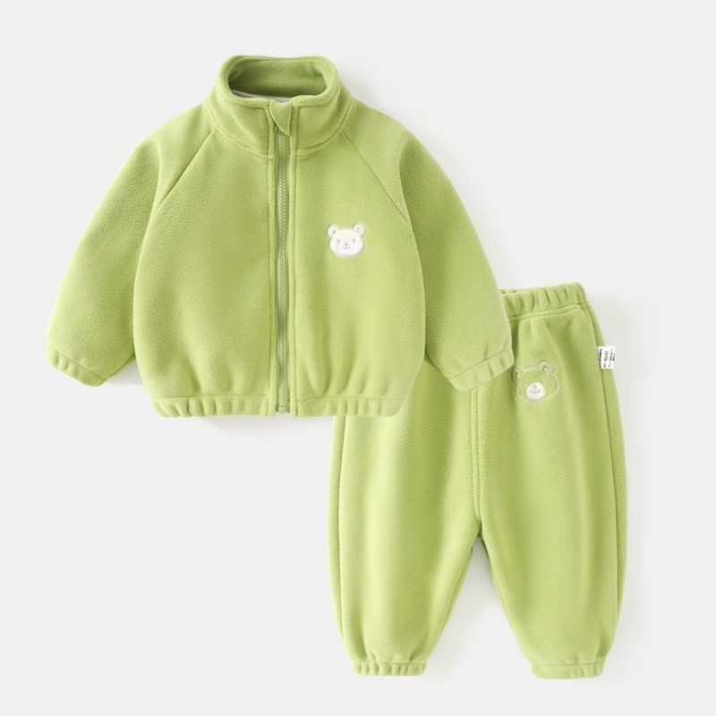 Toddler Baby Bear Patch Fleece Zip Up 2-piece Set - Green - 4-5T - image 4