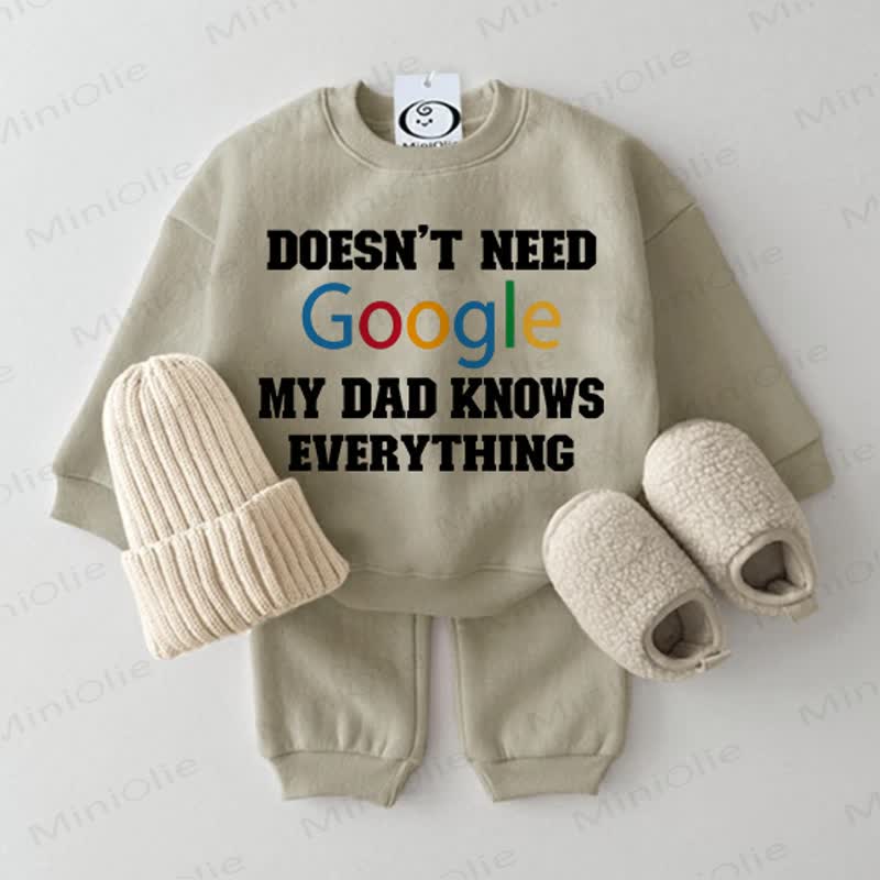 DOESN'T NEED GOOGLE MY DAD KNOWS EVERYTHING Baby Green Sweatshirt 2-piece Set - Grey Green - 2-3T - image 1