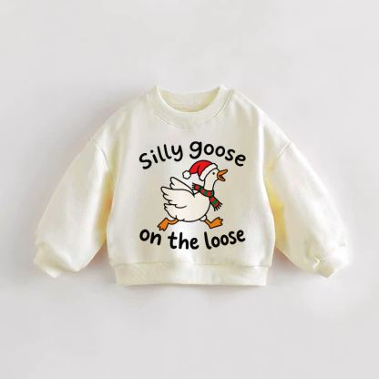 SILLY GOOSE ON THE LOOSE Baby Toddler Running Christmas Goose Cream Sweatshirt - Cream - 3-5T - image 1