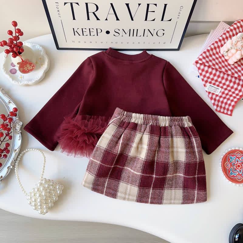 Toddler Girl Bow Long Sleeve Top and Plaid  Skirt 2-piece Set - image 2