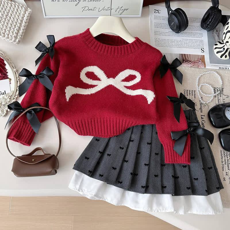 Toddler Girl Bow Knit Sweater and Pleated Skirt 2-piece Set - Red - 7-8T - image 1