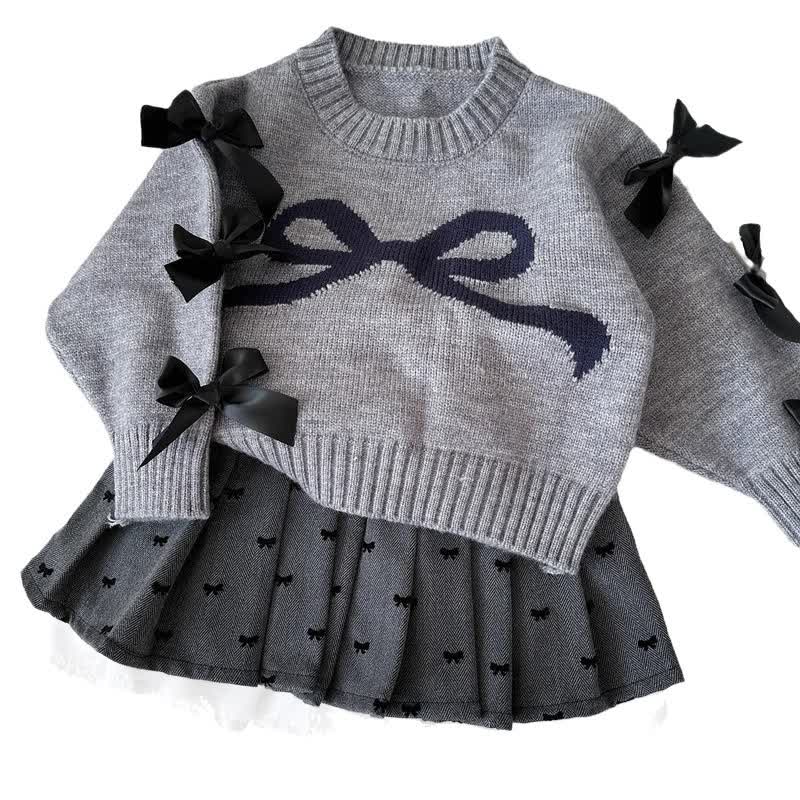 Toddler Girl Bow Knit Sweater and Pleated Skirt 2-piece Set - Gray - 7-8T - image 2