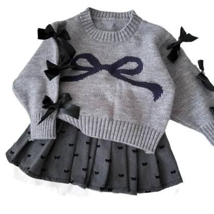 Toddler Girl Bow Knit Sweater and Pleated Skirt 2-piece Set - Gray - 7-8T - image 2