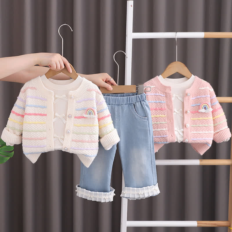 Toddler Girl Rainbow Knit Cardigan and Denim Pants 3-piece Set - image 1