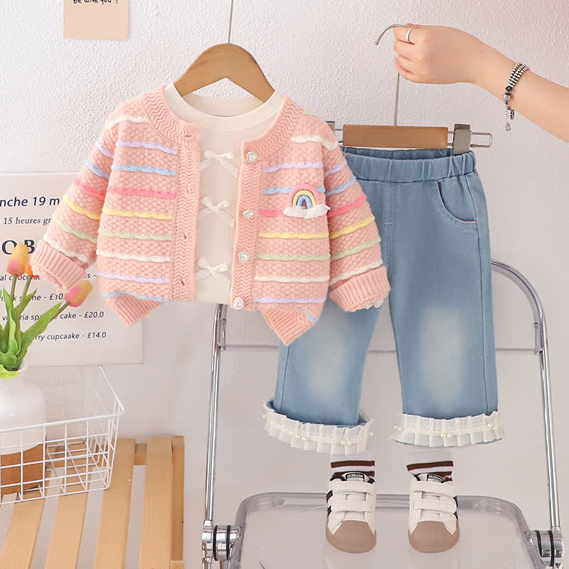 Toddler Girl Rainbow Knit Cardigan and Denim Pants 3-piece Set - Pink - 4-5T - image 2